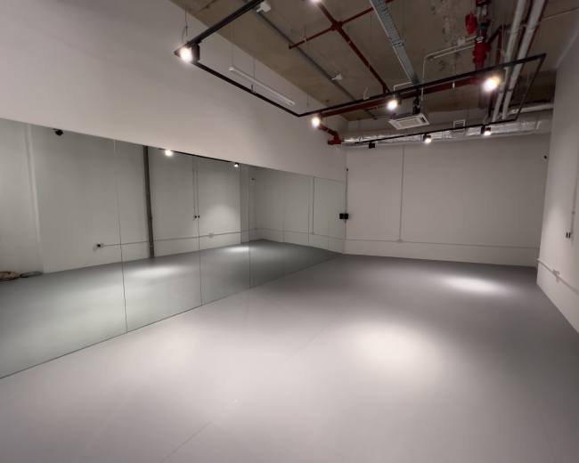 The image shows an empty studio space with gray flooring and a large mirror wall.