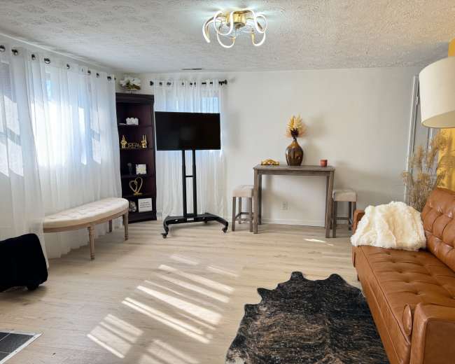 A living room with a brown leather sofa, a small table, a television on a stand, and large white curtains letting in natural light.