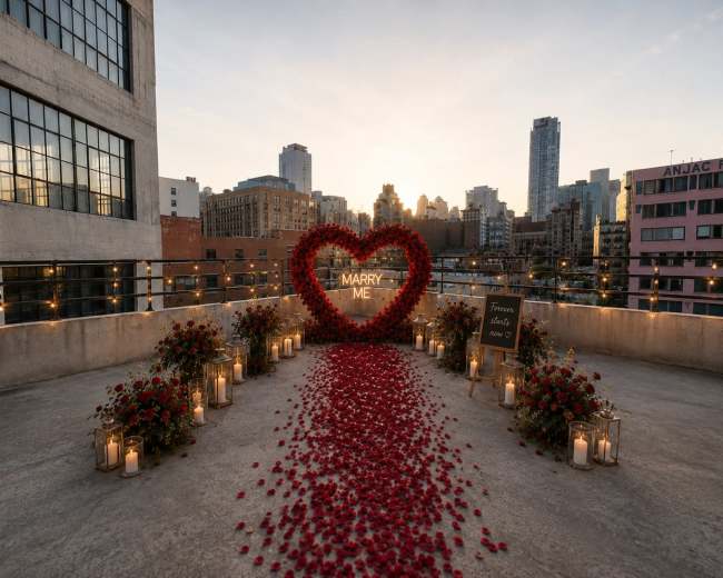 A rooftop terrace is decorated with a heart-shaped arrangement of flowers, candles, and a sign that reads "MARRY ME," set against a city skyline at sunset.