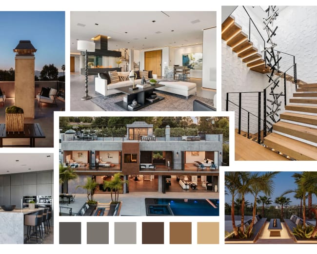 The image showcases a modern luxury home featuring an open living space, a sleek kitchen, and an outdoor terrace with a swimming pool, complemented by stylish staircases and various design elements.