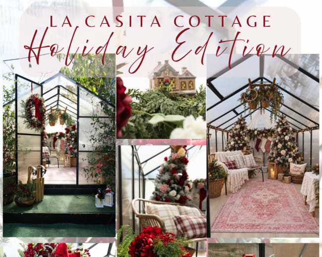 The image showcases a festive greenhouse decorated for the holidays, featuring Christmas trees, wreaths, and a cozy seating area with seasonal ornaments.
