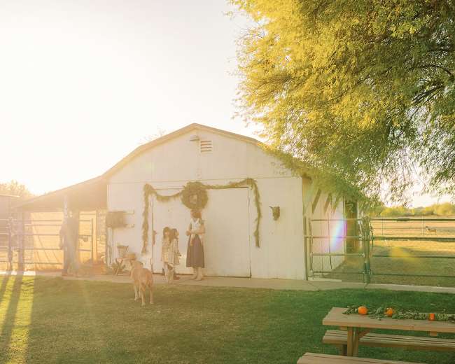 A woman and a girl stand in front of a barn decorated with greenery, while a dog and a man are nearby in a sunlit outdoor setting.
