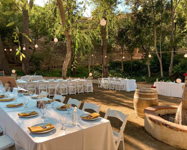A garden setting features long banquet tables with white tablecloths and gold-accented place settings, surrounded by trees and illuminated by hanging lights.