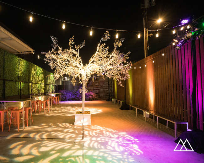 A lit outdoor event space featuring a decorative tree and several tables with chairs, surrounded by colorful lighting and greenery.