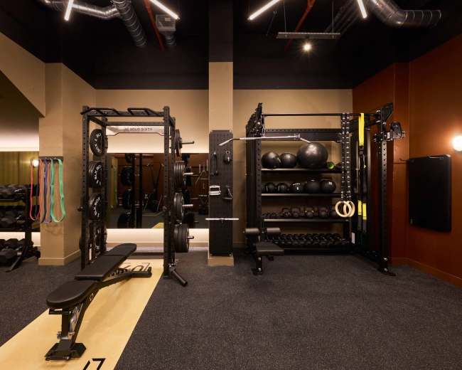 The image shows a modern gym interior featuring weightlifting equipment, a bench, and storage racks filled with exercise balls and weights.