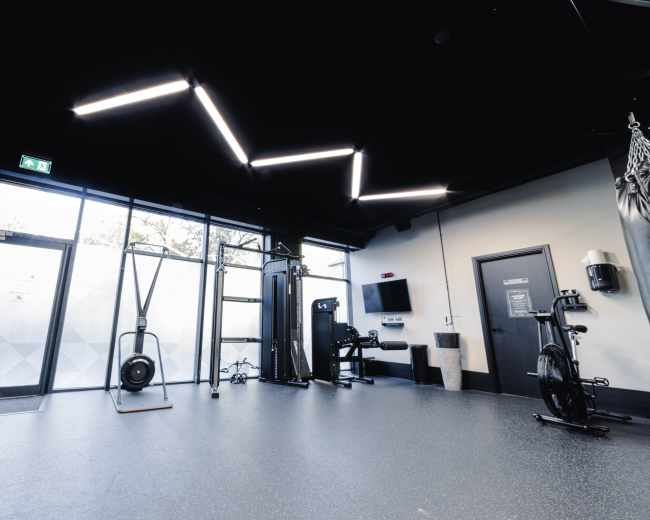 The image shows a modern gym interior featuring various exercise equipment, large windows, and a ceiling with unique lighting design.