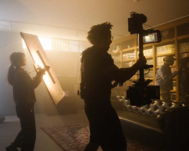 A crew member holds a reflector while another operates a camera in a dimly lit room filled with shelves of books.