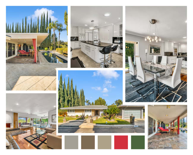 The image displays a collage of various interior and exterior views of a modern home, showcasing areas like the kitchen, dining room, living room, and landscaped outdoor space.
