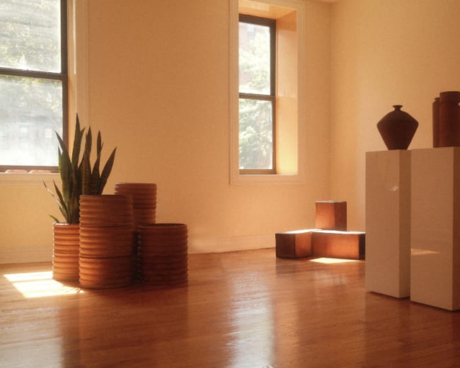 The image shows an interior space with wooden flooring, featuring potted plants, stacked circular containers, and abstract shapes on a pedestal.