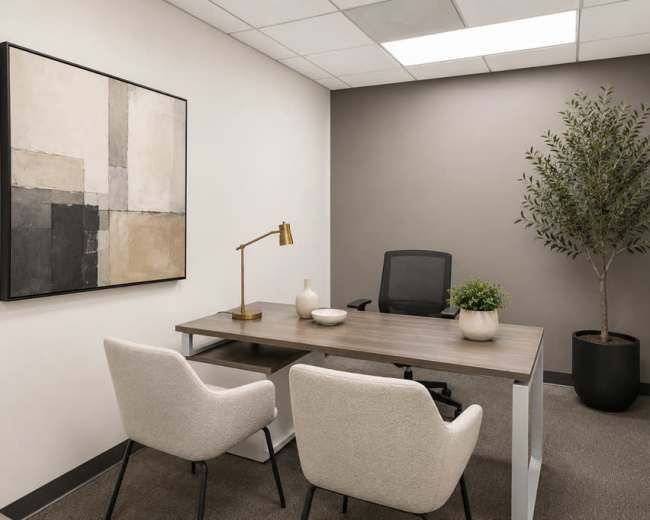 The image shows a modern office space featuring a desk with two chairs, a decorative plant, and abstract artwork on the wall.
