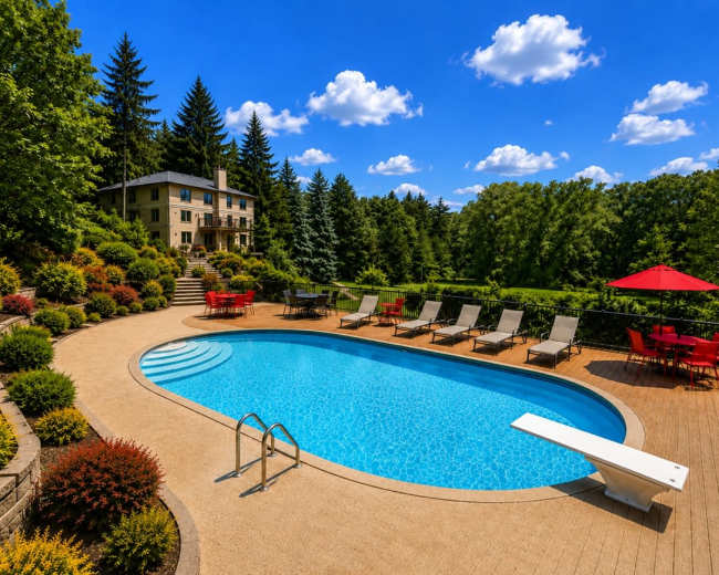 The scene shows an outdoor swimming pool surrounded by lounge chairs and tables, with a large house and lush greenery in the background under a blue sky with clouds.