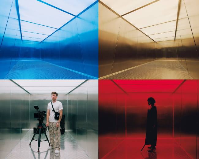 The image features a split scene with four differently colored enclosed spaces: a blue space with a man holding a camera, a golden space that is empty, a metallic silver space, and a red space with a person standing still.