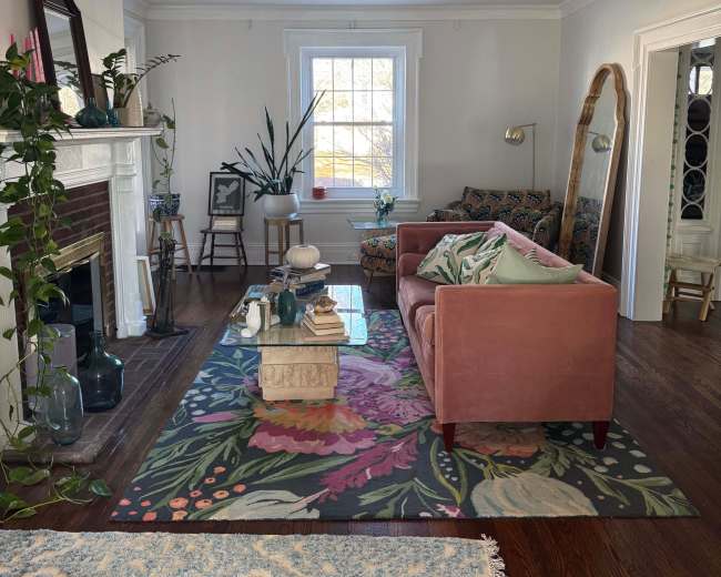 The living room features a pink sofa, a large patterned rug, and a decorative fireplace, with plants and artwork enhancing the decor.
