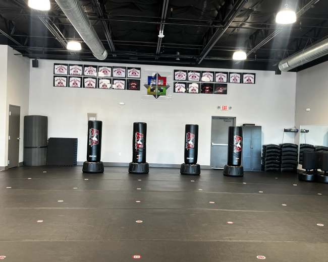 The image shows a spacious martial arts training room with five black punching bags arranged in a row against a wall adorned with sports jerseys.