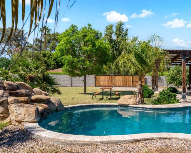 A swimming pool is surrounded by landscaping, including palm trees and rocks, with a wooden pavilion and seating area nearby.
