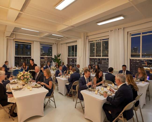 A formal dinner event is taking place in a stylish room with large windows, where guests are seated at tables adorned with white tablecloths and centerpieces.