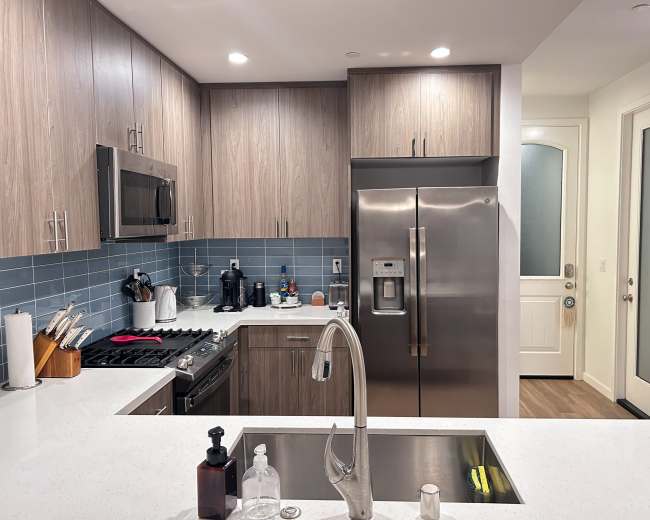 The kitchen features modern cabinets, stainless steel appliances, and a blue tile backsplash, with a view of an entrance door.
