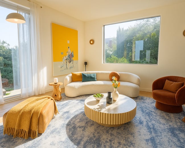 A modern living room features a curved sofa, a round coffee table, and a vibrant painting on the wall, with large windows allowing natural light to illuminate the space.