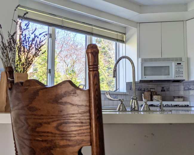 A wooden chair is positioned at a kitchen counter, facing a window that overlooks a green outdoor area.
