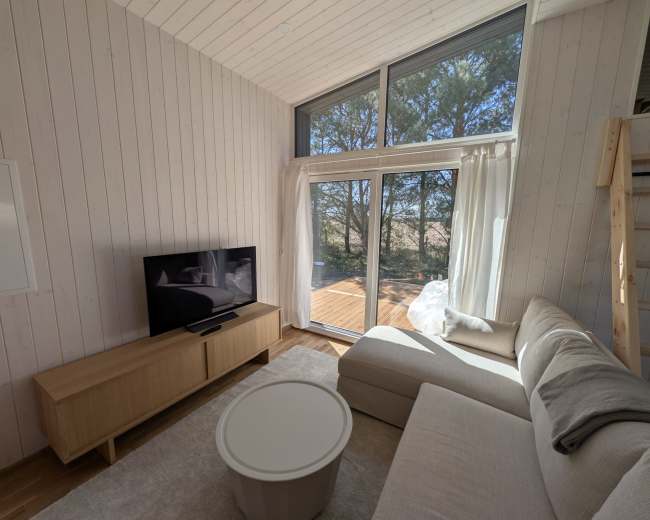 The image shows a modern living room with a sectional sofa, coffee table, and large windows overlooking a wooden deck and trees outside.