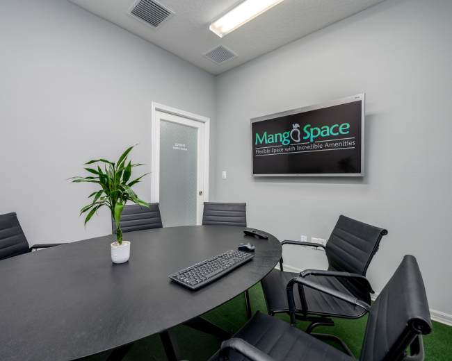 The image shows a modern conference room with a round table, black ergonomic chairs, a potted plant, and a wall-mounted television displaying the logo of "MangoSpace."