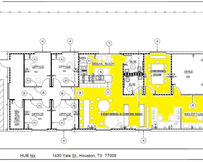 The image shows a detailed office floor plan with labeled areas, including offices, a break room, conference room, and reception area, highlighted in yellow.