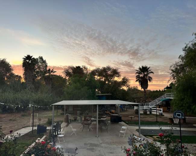 The scene features a backyard with a covered patio, surrounded by palm trees and a colorful sunset sky.