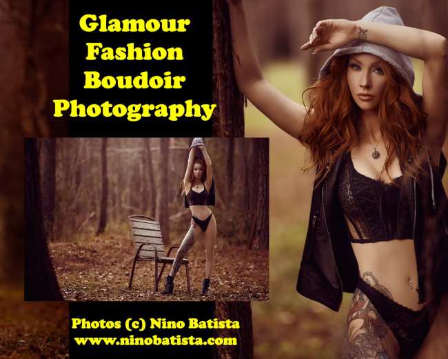 The image features a model in lingerie posing outdoors among trees, with an emphasis on glamour and fashion photography.