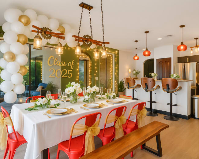 A dining area is set up with a long table, decorated for a graduation celebration, featuring red chairs, a white tablecloth, and gold accents, alongside a kitchen area with modern appliances.