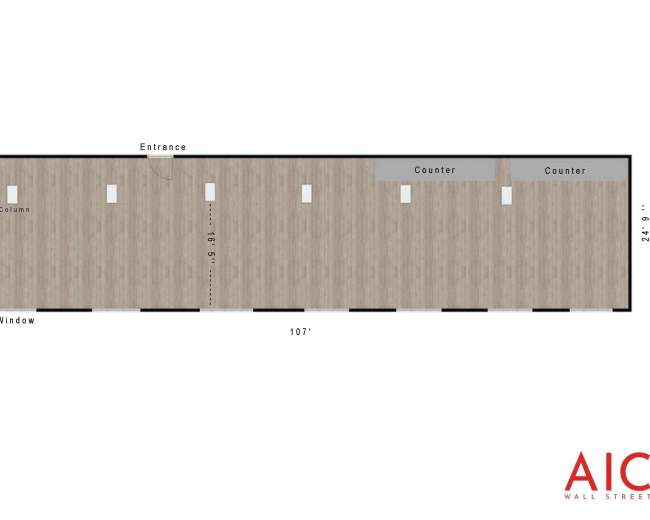 A floor plan of a long rectangular space with labeled areas for an entrance, windows, and counters, measuring 107 feet in length and 24 feet in width.
