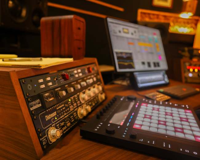 The image shows a close-up of a music production workstation featuring audio equipment, a digital audio workstation on a monitor, and a MIDI controller.