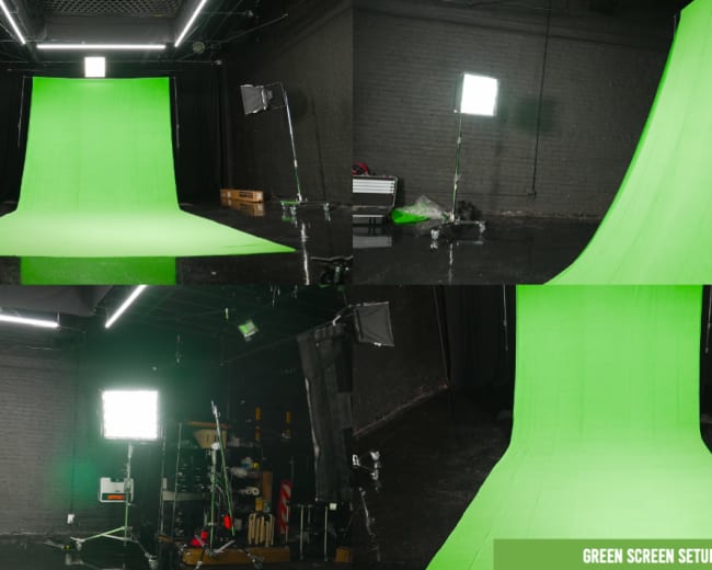 A professional studio setup featuring a green screen backdrop, lighting equipment, and various props arranged in a dimly lit environment.