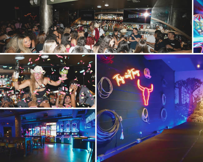 The image features a vibrant nightlife scene with groups of people enjoying themselves at a bar, neon lights illuminating an arcade area, a dance floor with a mechanical bull, and a festive atmosphere complete with confetti.