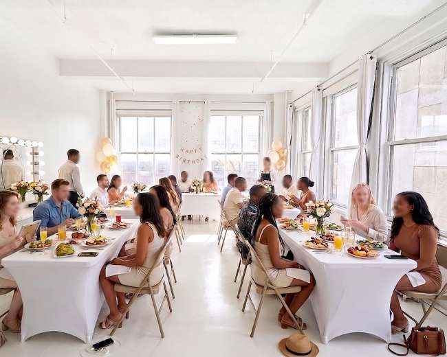 A group of people seated at two long tables adorned with white tablecloths, enjoying a meal in a bright, airy event space decorated with balloons and floral centerpieces.