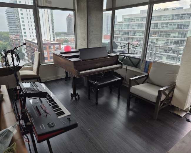 The scene features a music corner in a modern apartment with a grand piano, a keyboard, and comfortable seating, surrounded by large windows showcasing a city view.