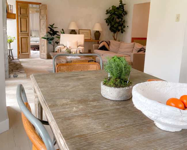A spacious, modern living area with a wooden dining table, chairs, and a potted plant, is visible, leading to a cozy seating area with light-colored furniture.