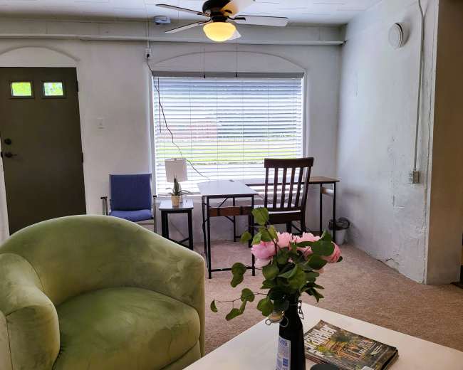A cozy interior features a green armchair, a small dining table with chairs by a window, and a vase of pink flowers on a coffee table.
