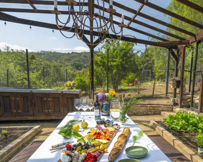 A long table is set with an assortment of food and drinks under a wooden pergola in a lush outdoor garden.