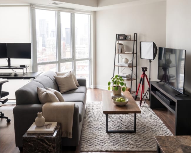 The image shows a modern living room with a gray sofa, a wooden coffee table, a television stand, and large windows that offer a city view.