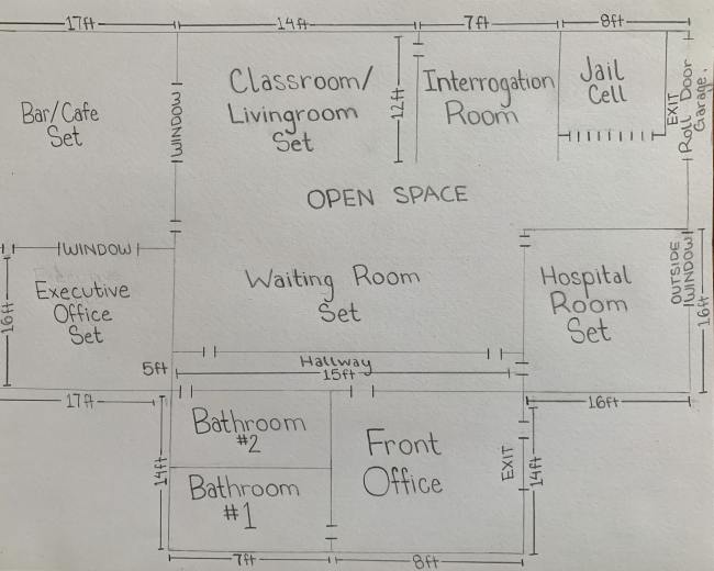A floor plan layout for a facility, featuring designated areas such as a classroom/living room, interrogation room, jail cell, waiting room, hospital room, executive office set, and multiple bathrooms.
