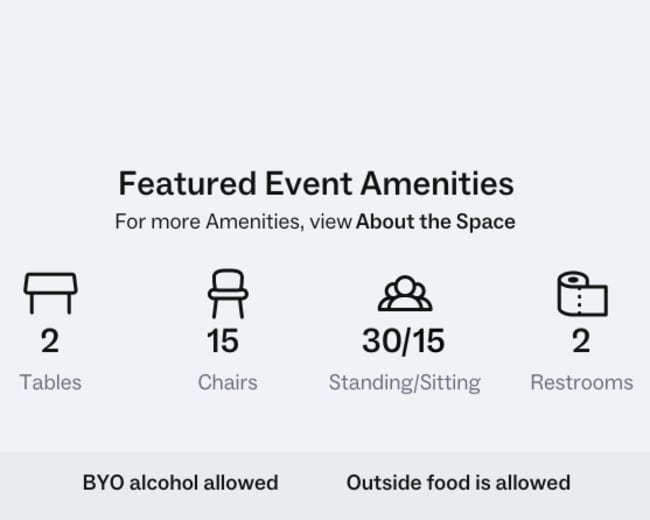 A list of featured event amenities, including the number of tables, chairs, standing/sitting capacity, and restrooms available, along with policies regarding alcohol and outside food.