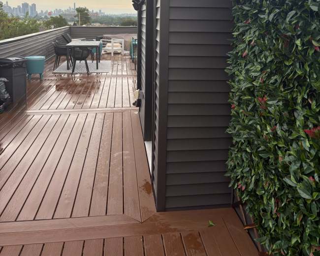 The image shows a rooftop terrace with wooden decking, green foliage on one wall, and city skyline in the background under an overcast sky.