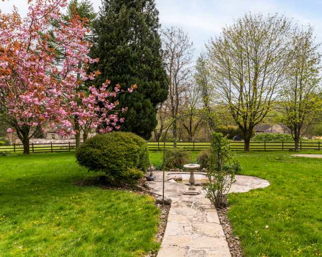 The image shows a landscaped garden with a stone pathway leading to a birdbath, surrounded by greenery and trees, including a pink flowering tree.