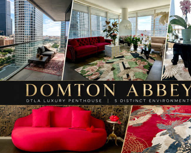 The image showcases a luxury penthouse in downtown Los Angeles, featuring a modern living space with large windows, elegant furnishings, and distinct design elements throughout.