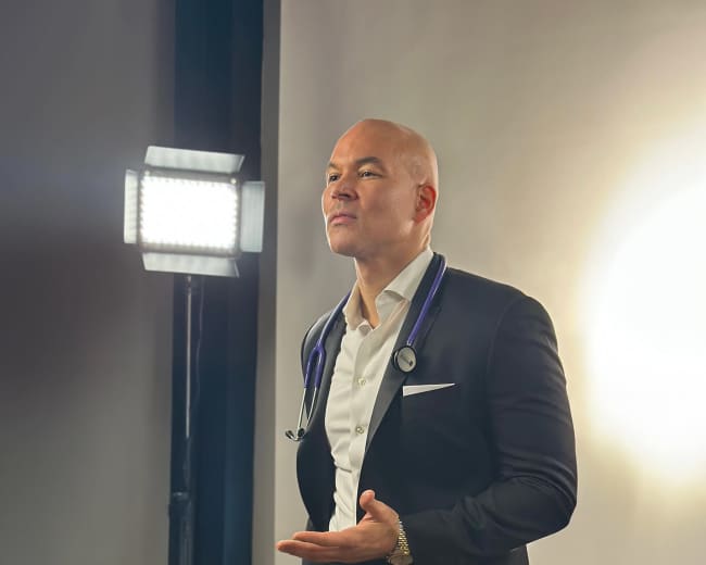 A man in a black suit stands with a stethoscope around his neck in front of a bright studio light.