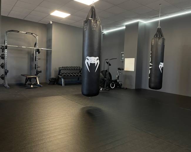 The image shows a gym interior featuring two black punching bags, a weight bench, and a set of dumbbells arranged in a corner.