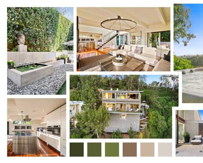 The image showcases a modern home with a range of interior and exterior scenes, including a landscaped garden, an open living area, and a patio featuring a hot tub.