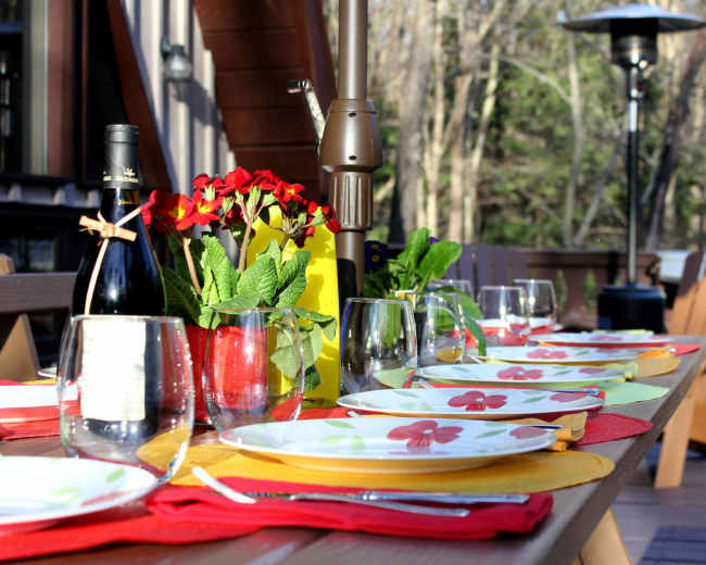 A long wooden table is set for a meal outdoors, featuring colorful plates, glasses, and a centerpiece of flowers, with a barbecue grill in the background.