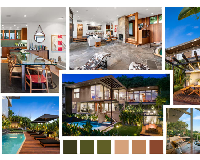 The collage showcases a modern home design featuring a spacious interior layout with a living area, dining space, and kitchen, as well as an exterior view of a house with a pool and landscaped gardens.