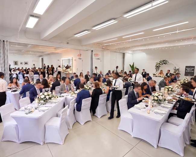 A banquet hall is filled with elegantly dressed guests seated at tables adorned with floral centerpieces, while servers attend to the meal service.